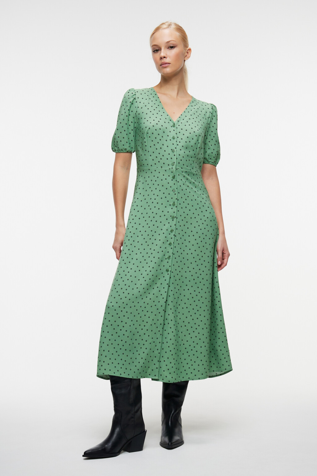 Платье миди с V-вырезом и короткими рукавами-фонариками - цвет зеленый - 1