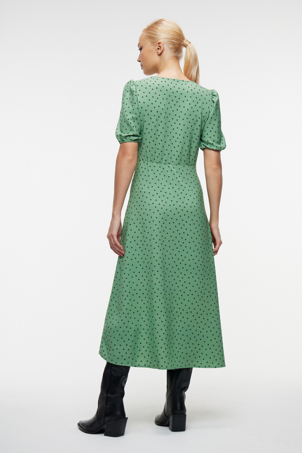 Платье миди с V-вырезом и короткими рукавами-фонариками - цвет зеленый - 3