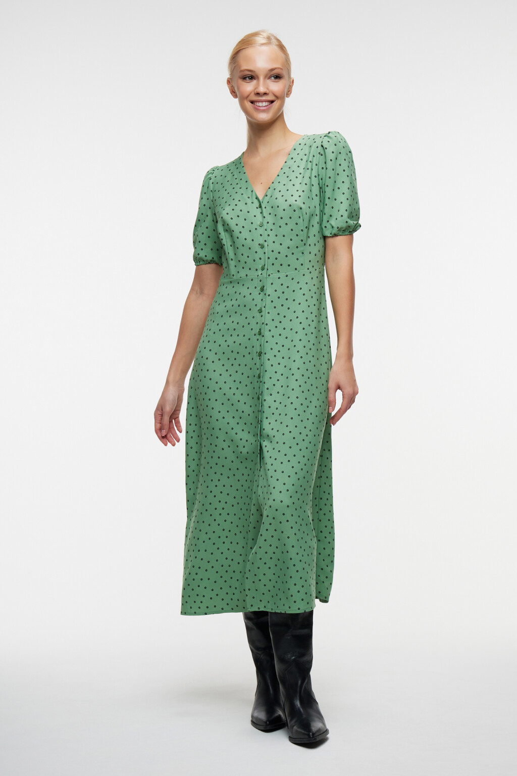 Платье миди с V-вырезом и короткими рукавами-фонариками - цвет зеленый - 4