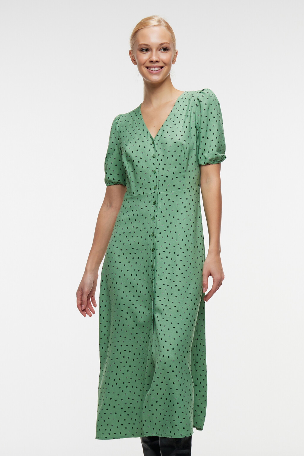 Платье миди с V-вырезом и короткими рукавами-фонариками - цвет зеленый - 8