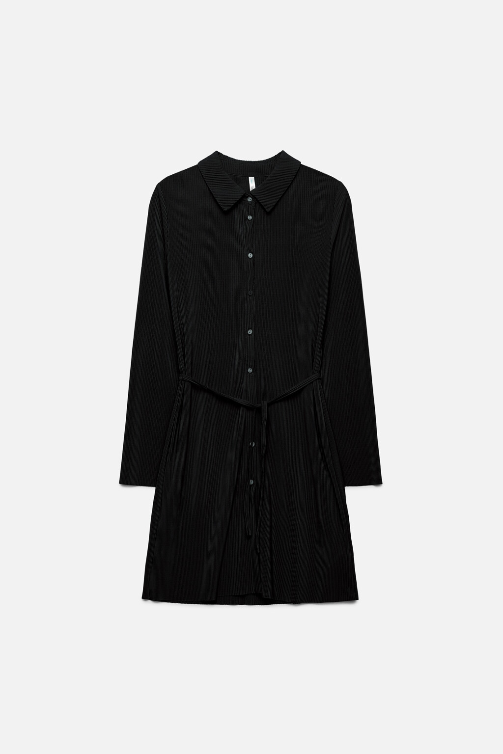 Платье-рубашка мини с длинными рукавами и поясом - цвет черный - 8