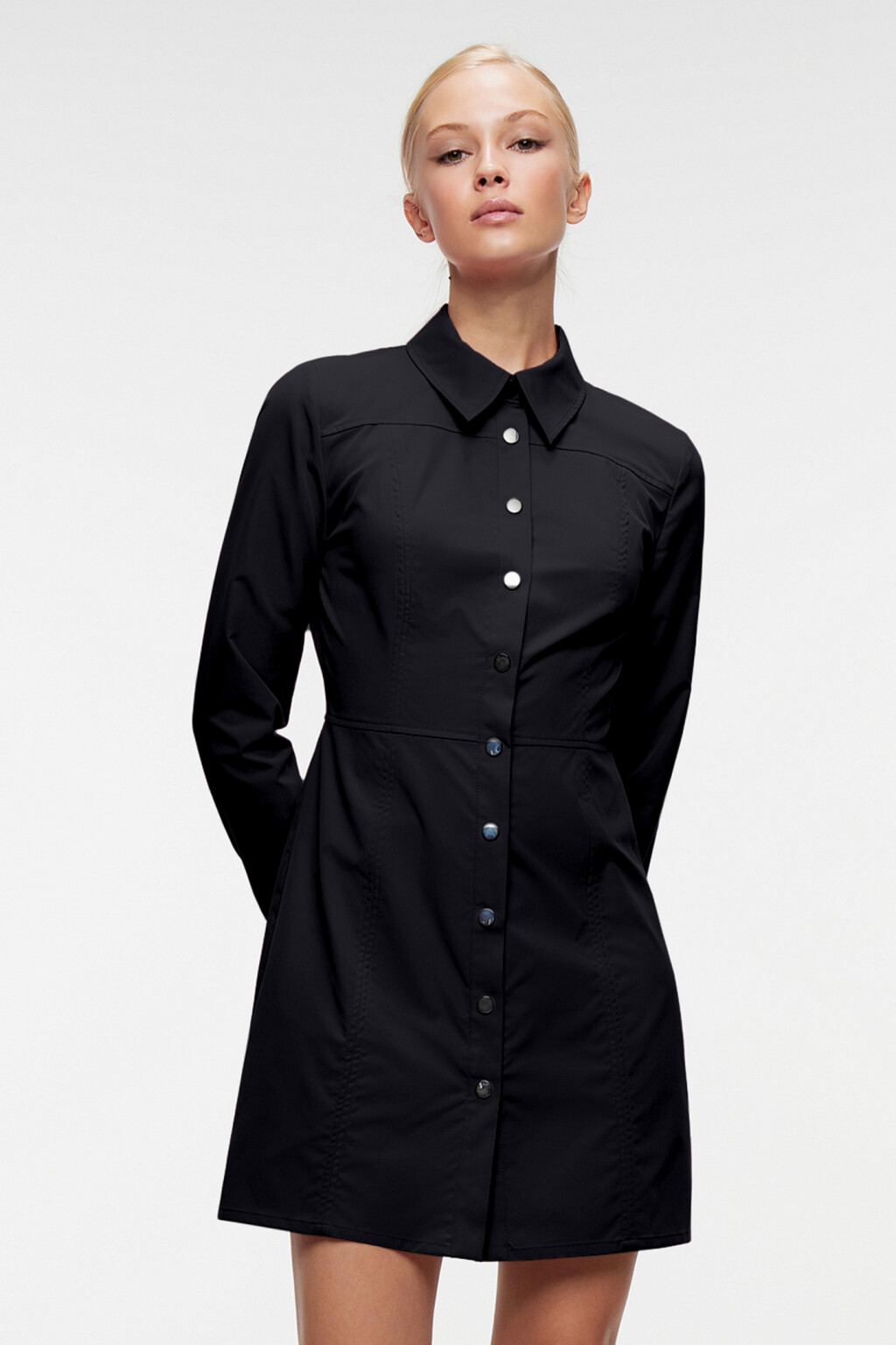 Платье-рубашка мини приталенное с длинными рукавами - цвет черный - 1