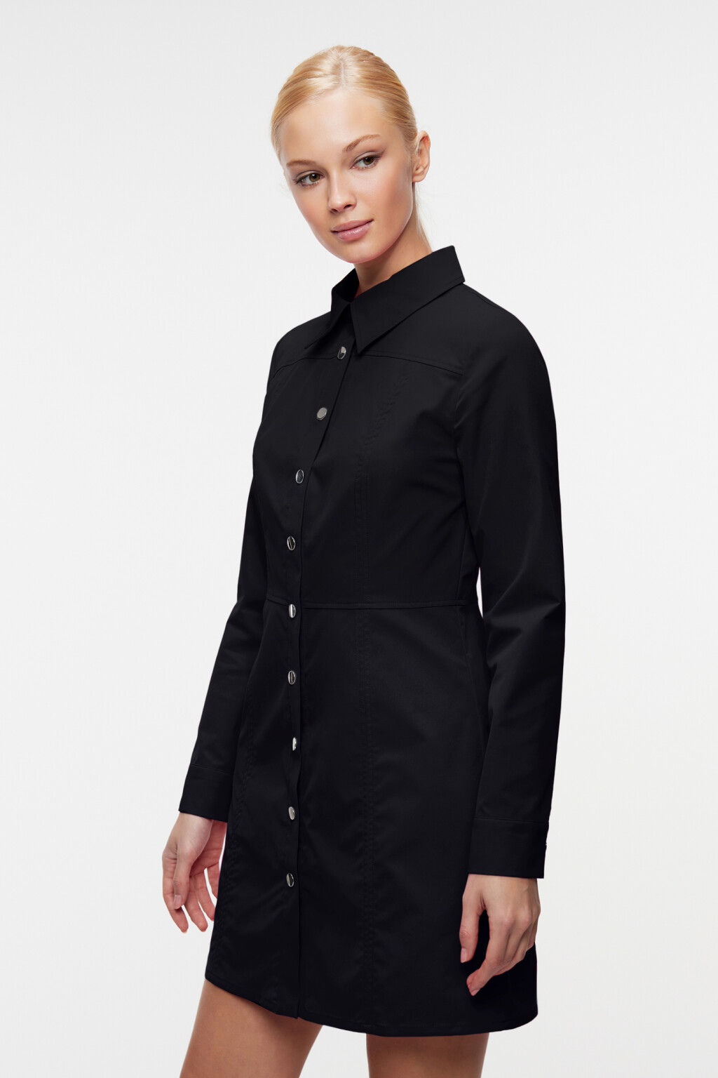 Платье-рубашка мини приталенное с длинными рукавами - цвет черный - 2