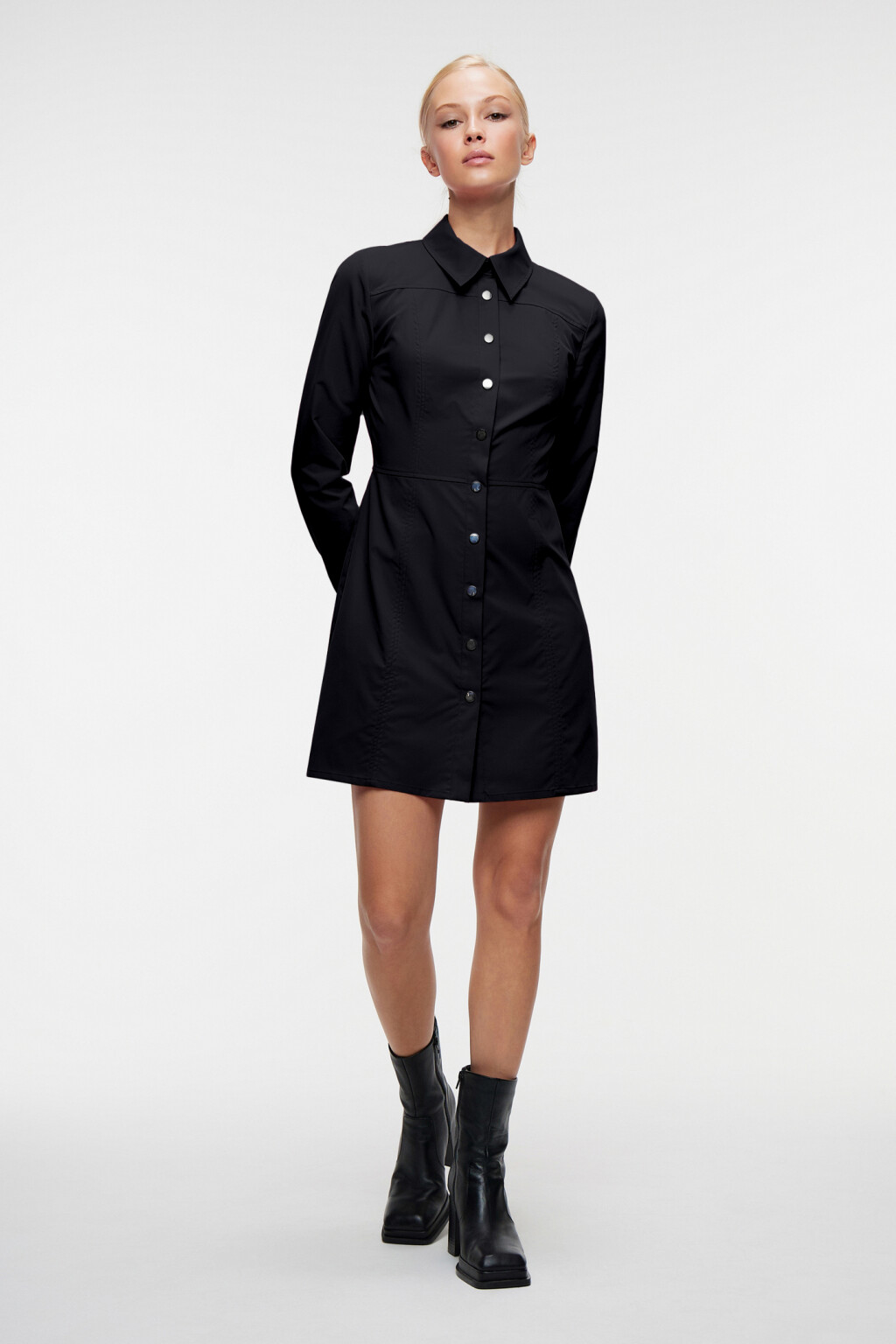 Платье-рубашка мини приталенное с длинными рукавами - цвет черный - 4