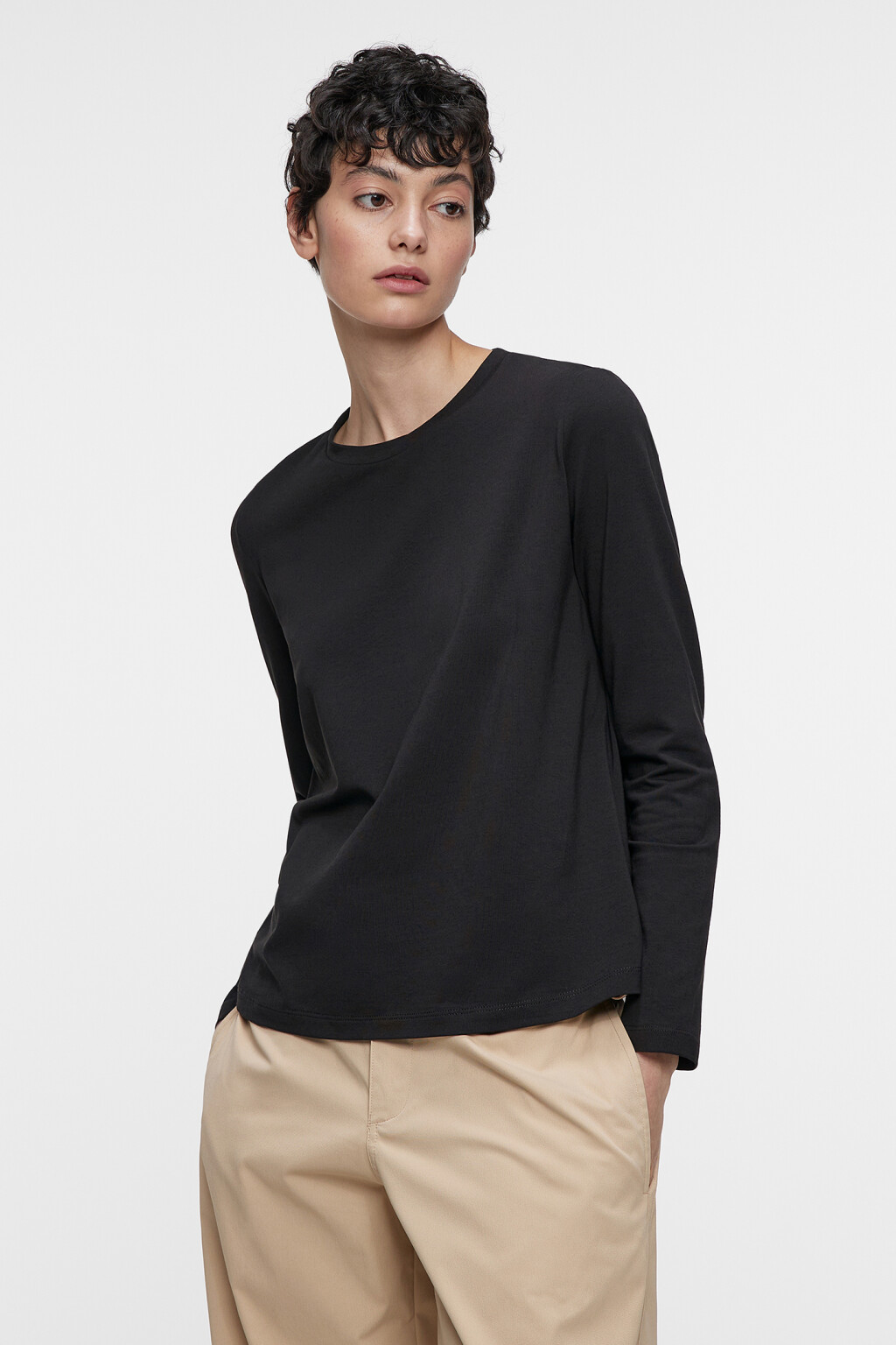 Лонгслив хлопковый базовый прямого кроя - цвет черный - 1