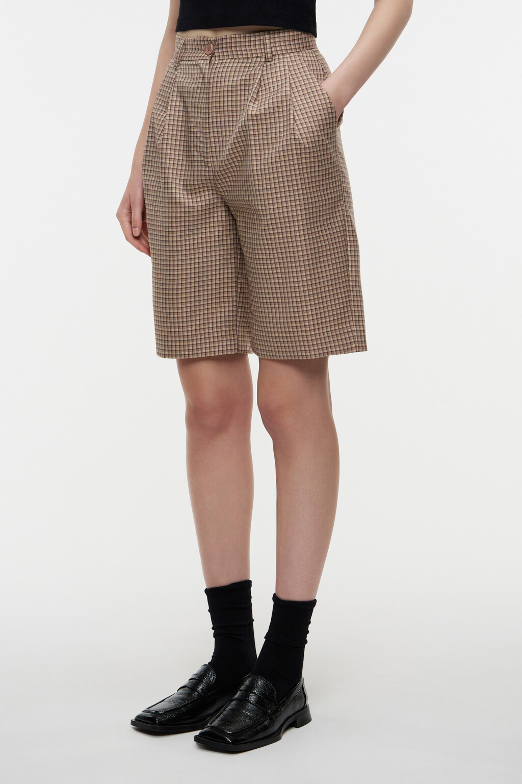 Шорты-бермуды клетчатые с высокой посадкой - цвет бежевый - 2