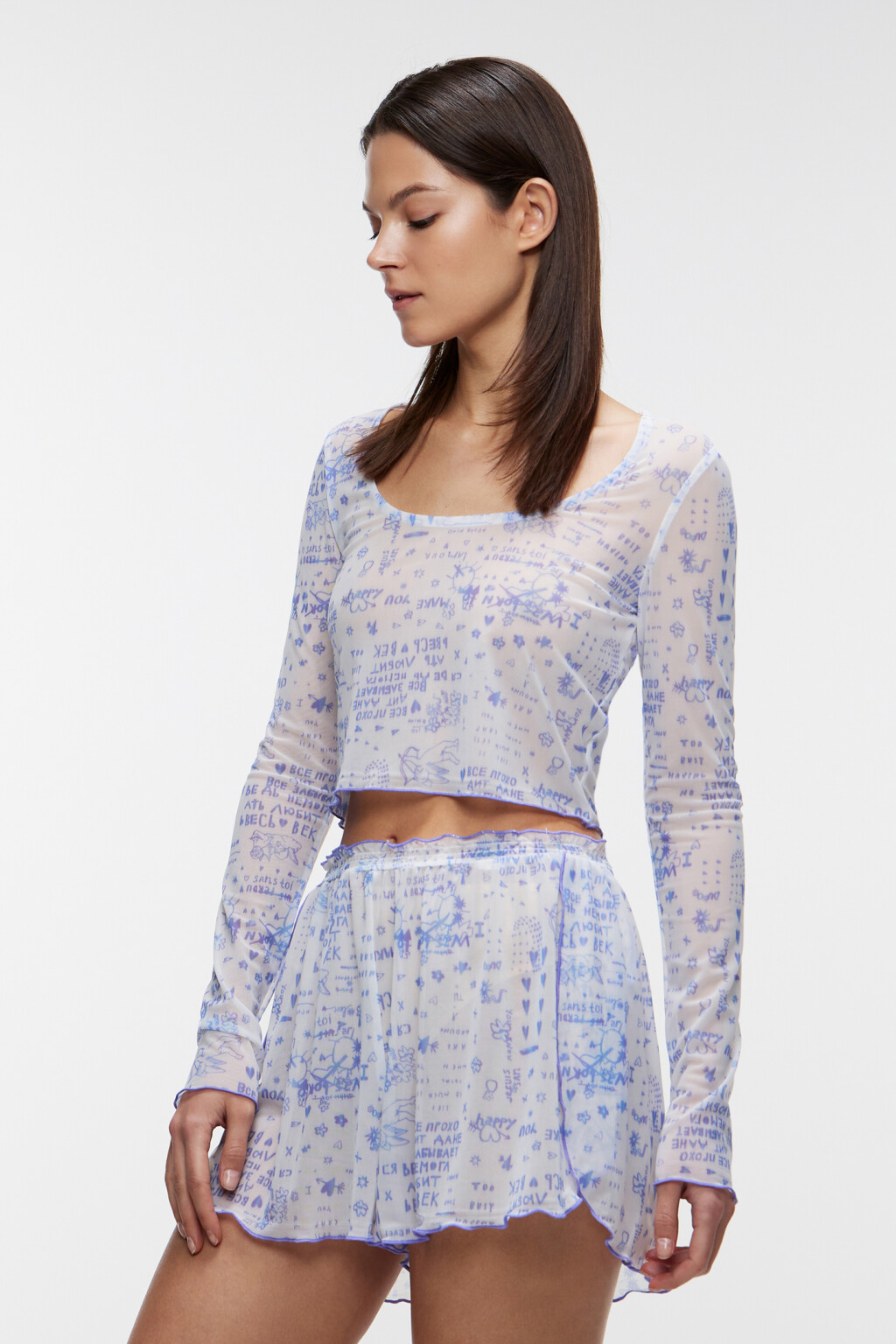 Лонгслив домашний с волнистыми краями и вырезом каре - цвет голубой - 2