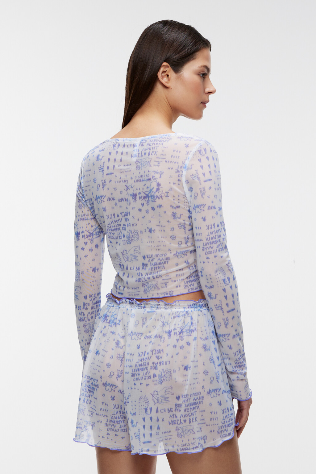 Лонгслив домашний с волнистыми краями и вырезом каре - цвет голубой - 3