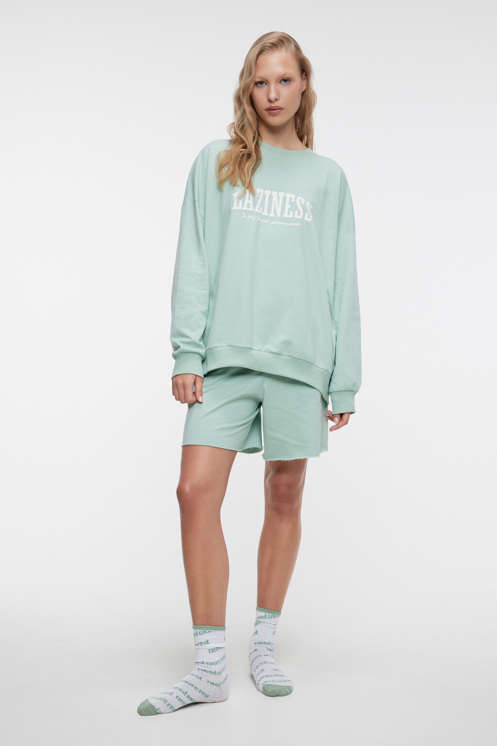 Свитшот oversize домашний хлопковый с принтом - цвет зеленый - 1