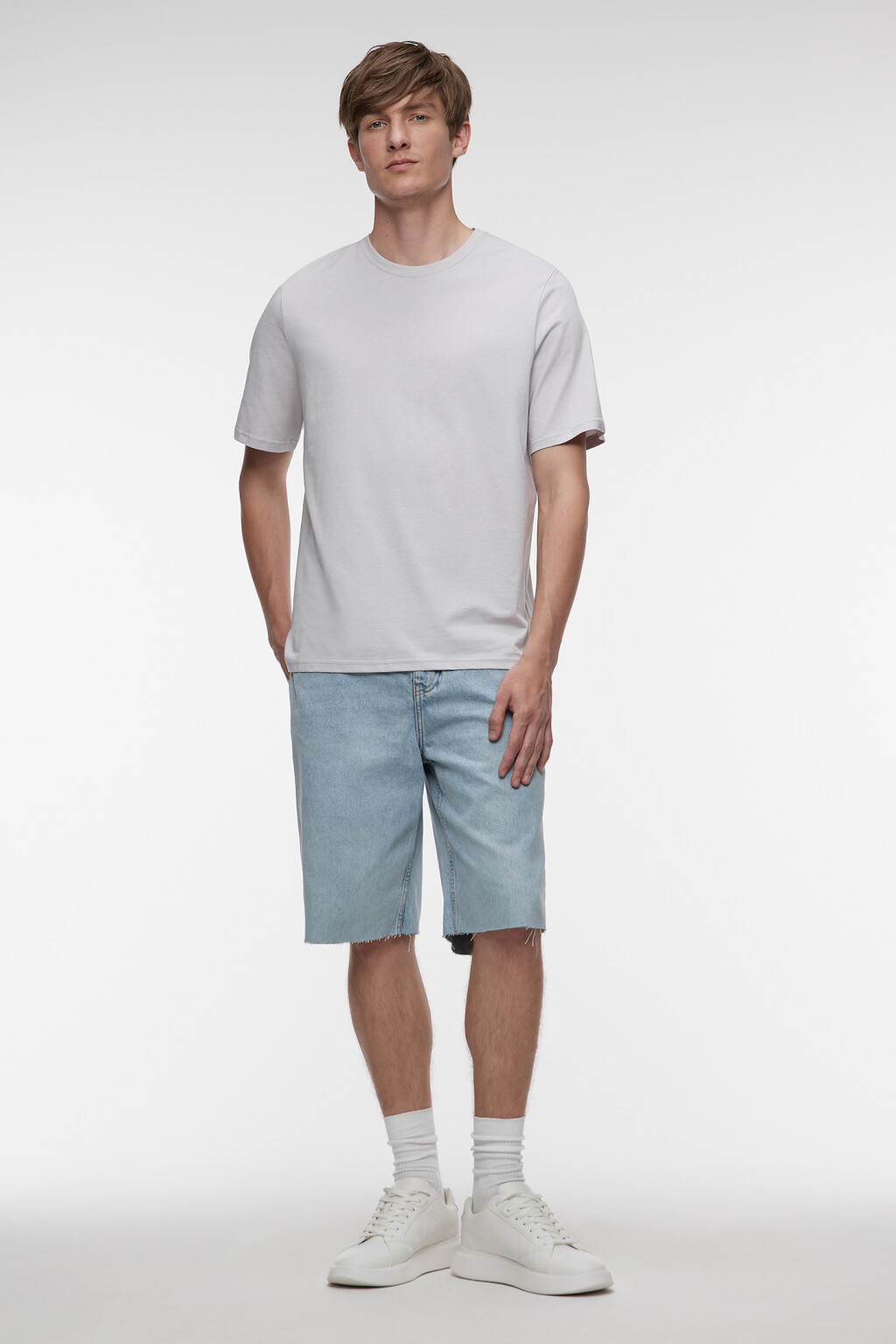 Футболка прямая однотонная из хлопкового трикотажа - цвет серый - 4