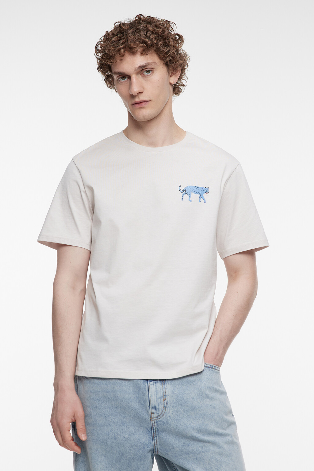 Футболка прямая хлопковая с принтом на груди - цвет бежевый - 1