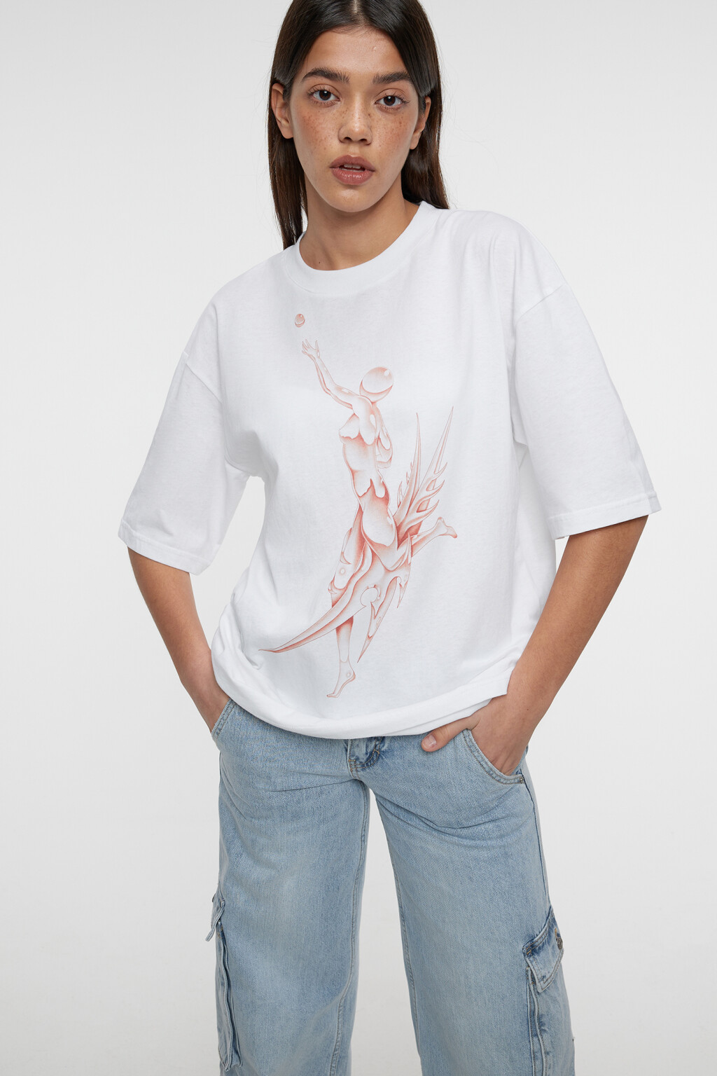 Футболка oversize прямая хлопковая с принтом - цвет белый - 12