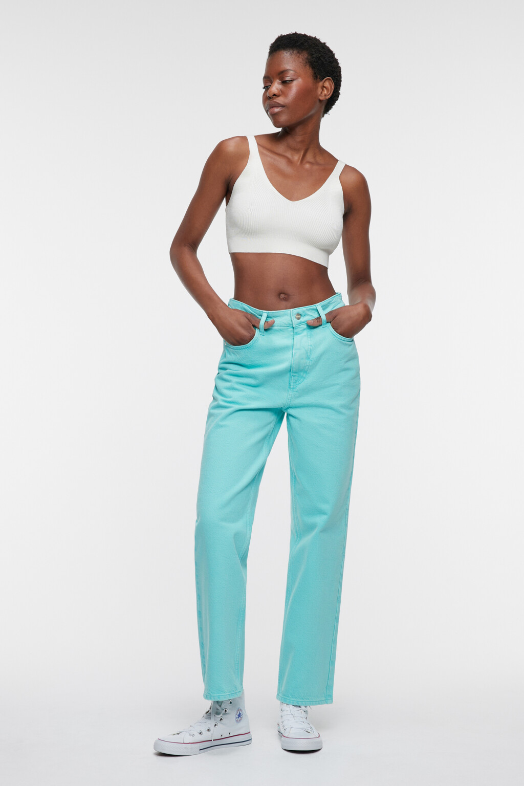 Джинсы прямые цветные с высокой посадкой - цвет голубой - 4