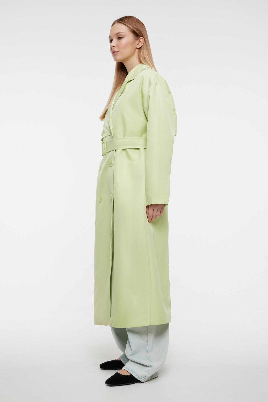 Плащ-тренчкот длинный двубортный с поясом - цвет зеленый - 2
