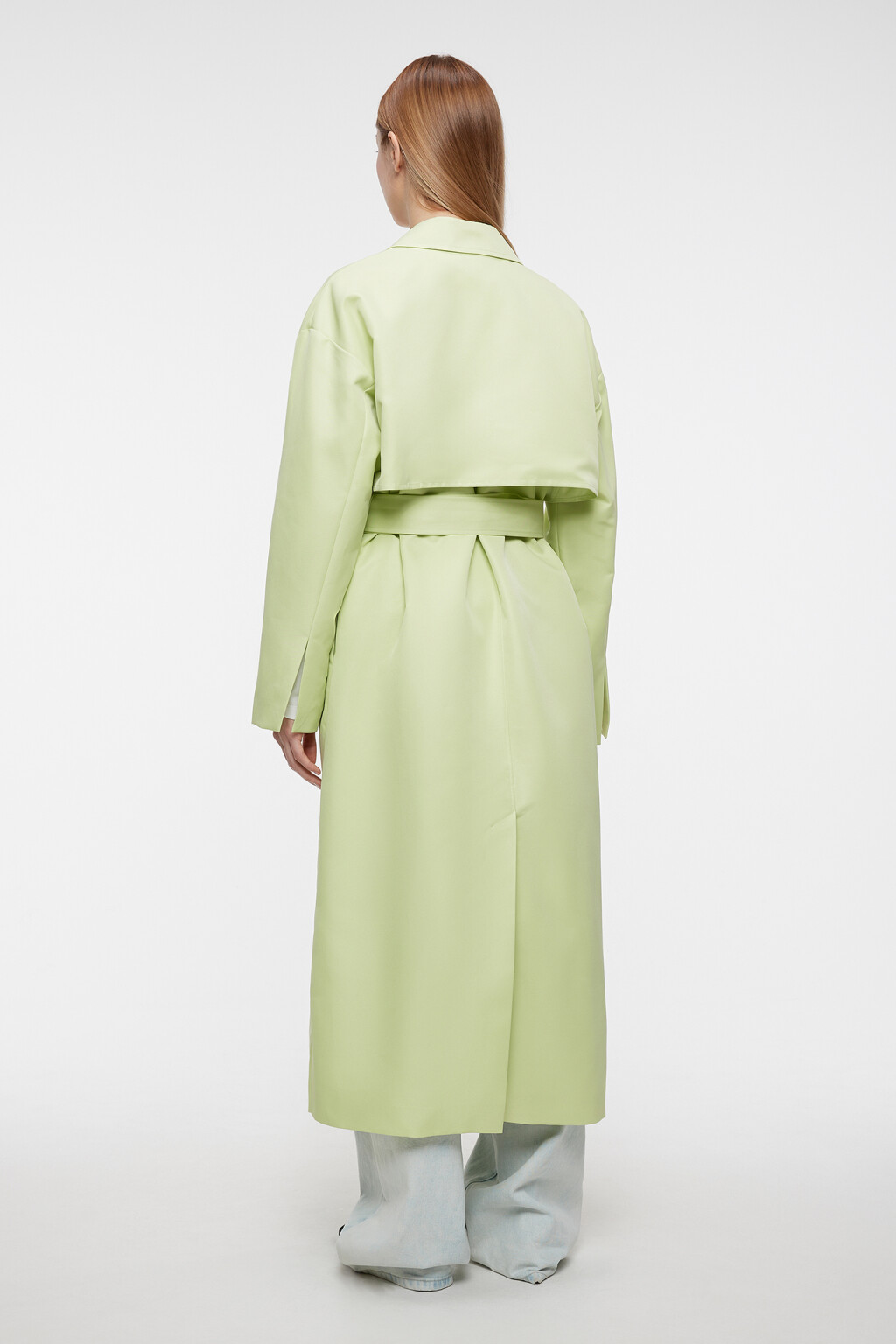 Плащ-тренчкот длинный двубортный с поясом - цвет зеленый - 3