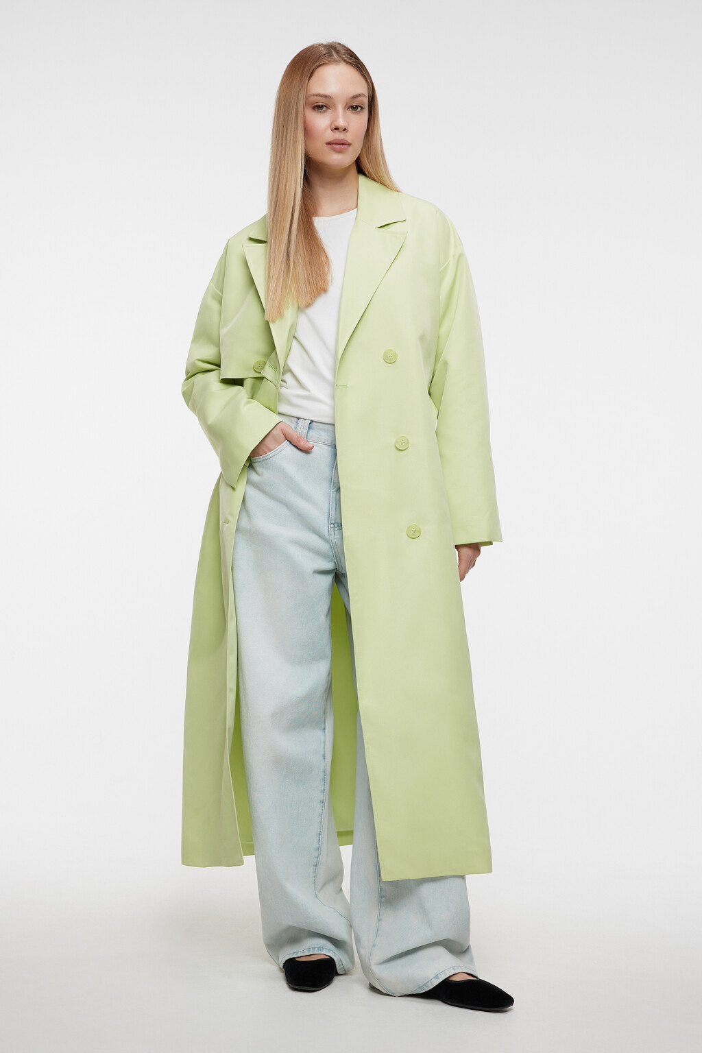 Плащ-тренчкот длинный двубортный с поясом - цвет зеленый - 4
