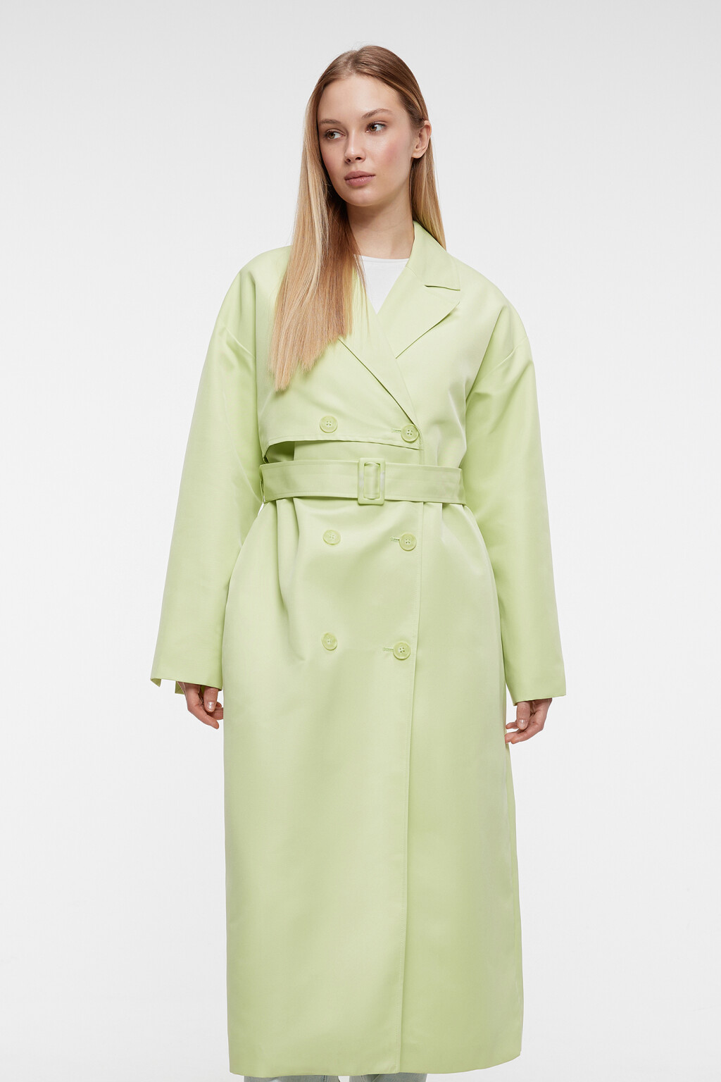 Плащ-тренчкот длинный двубортный с поясом - цвет зеленый - 8