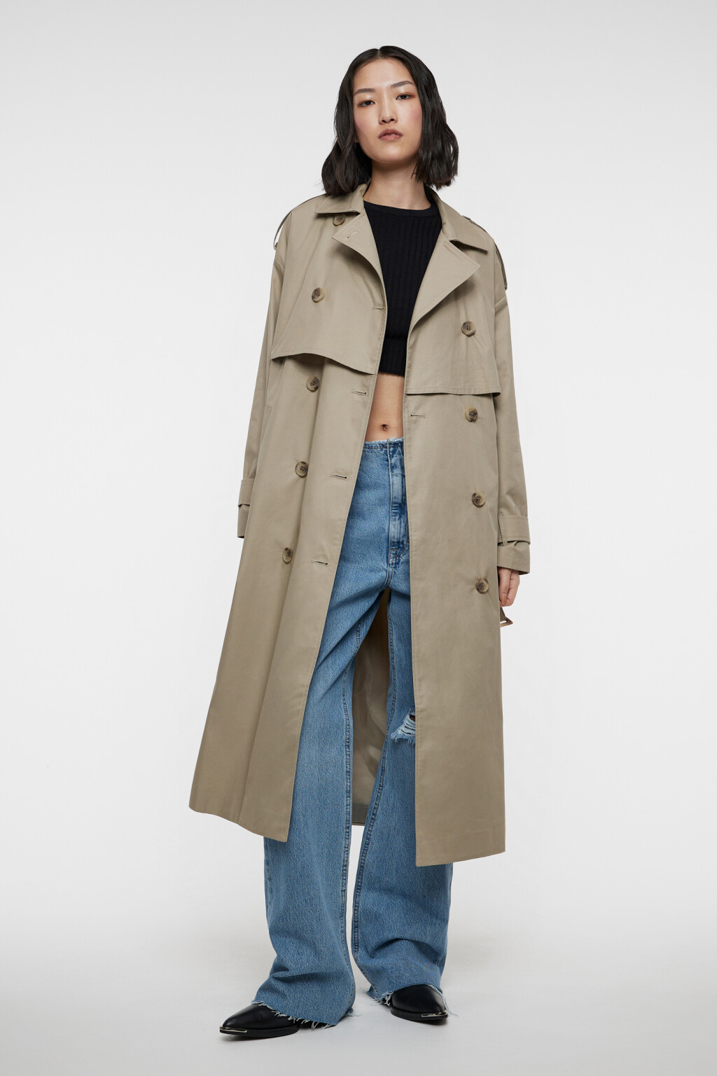 Плащ-тренчкот двубортный с поясом и пелериной - цвет зеленый - 4