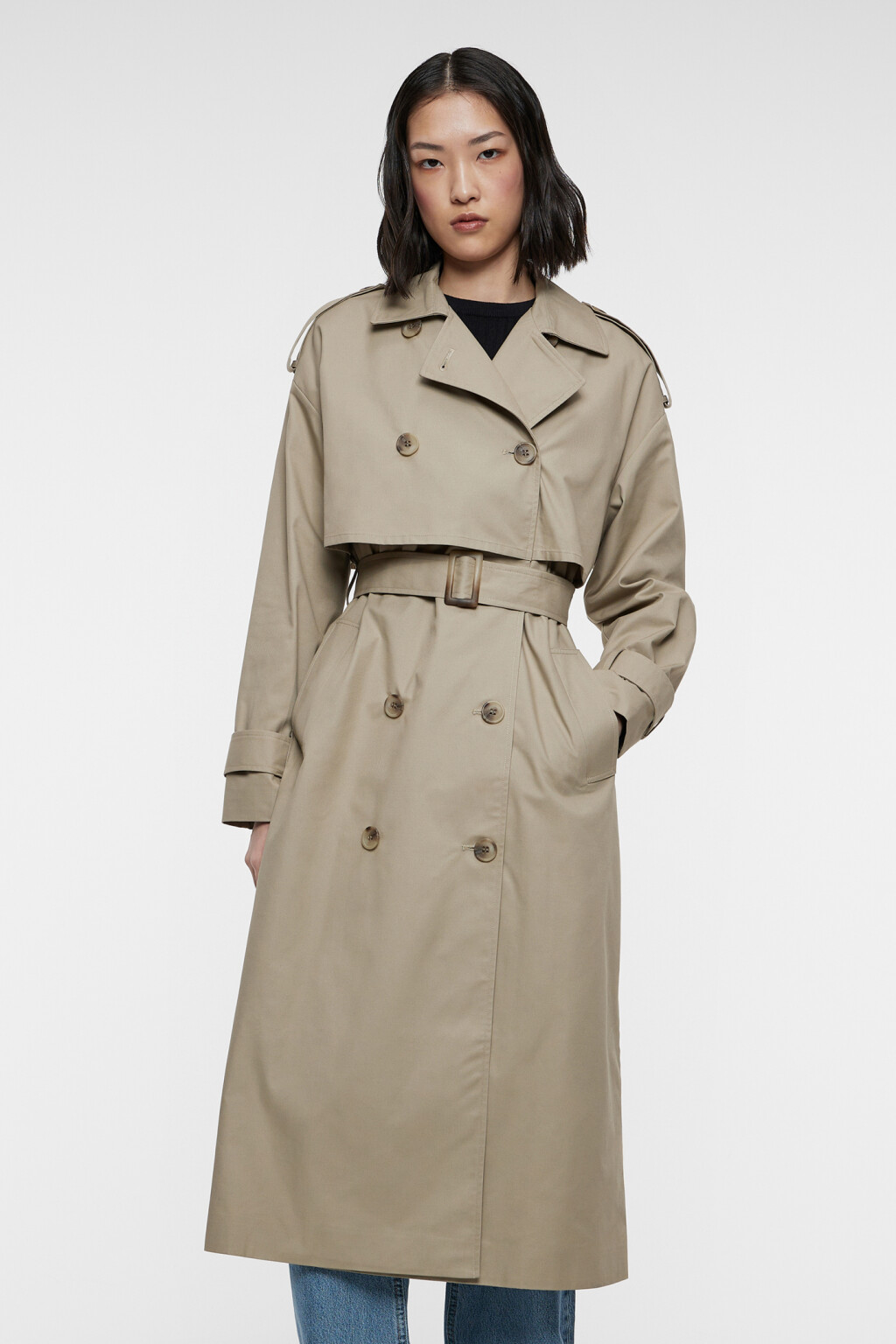 Плащ-тренчкот двубортный с поясом и пелериной - цвет зеленый - 8