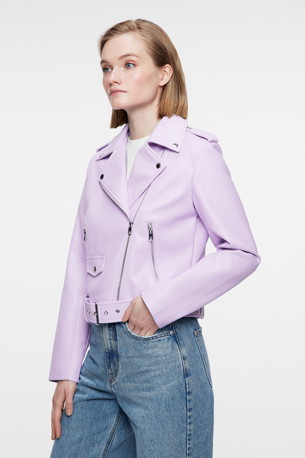 Куртка-косуха укороченная с ремнем - цвет сиреневый - 2