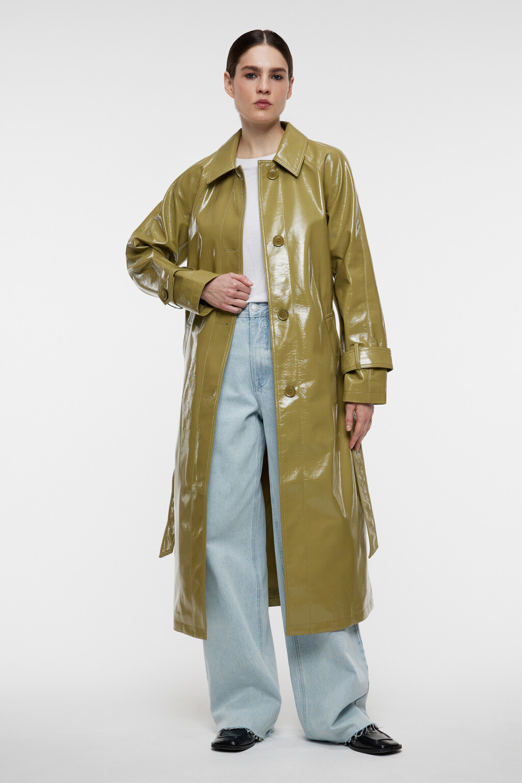 Плащ-тренчкот однобортный  - цвет зеленый - 4