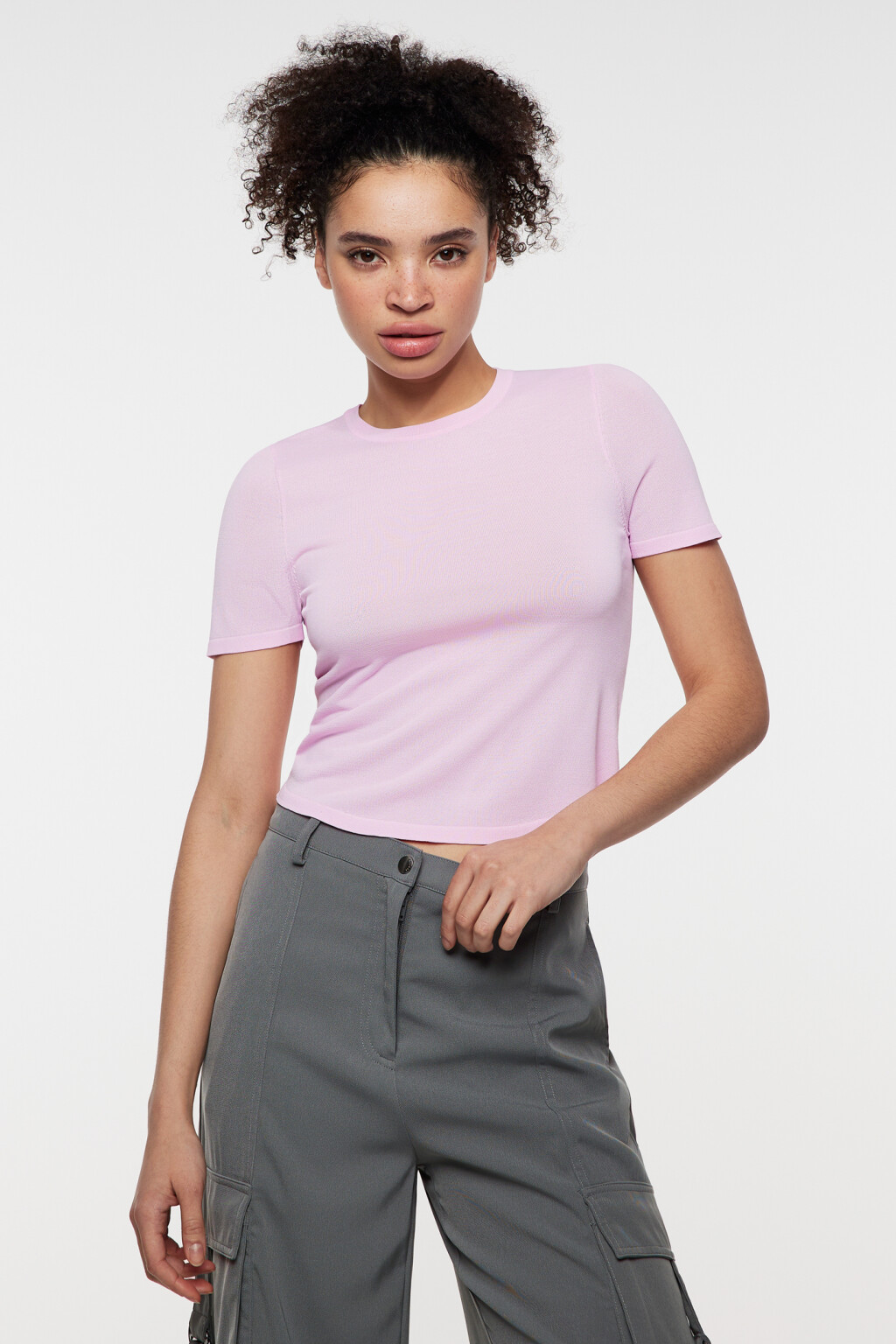 Топ-футболка вискозный укороченный в рубчик - цвет розовый - 1