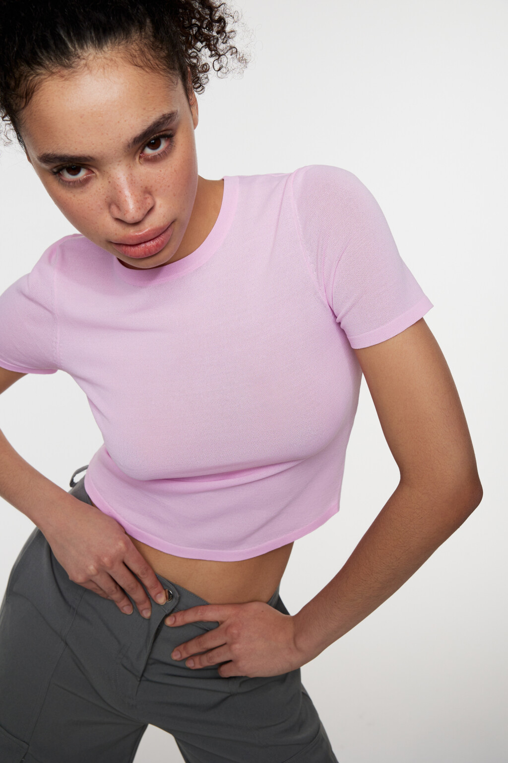 Топ-футболка вискозный укороченный в рубчик - цвет розовый - 7