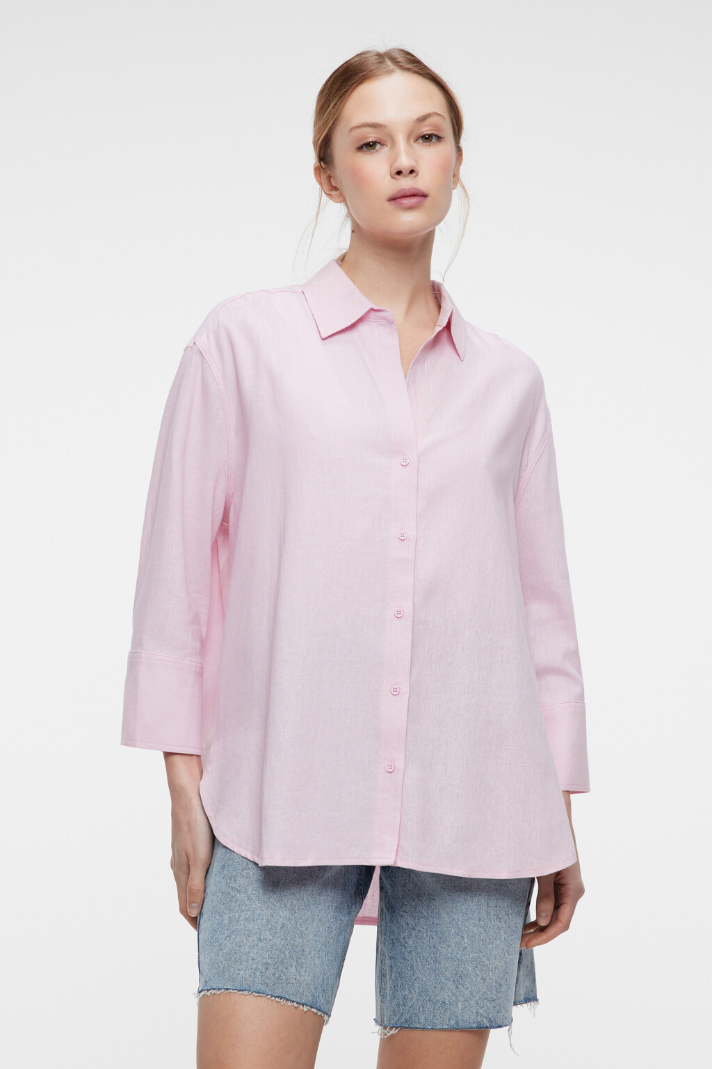 Блузка-рубашка oversize льняная с укороченными рукавами - цвет розовый - 1