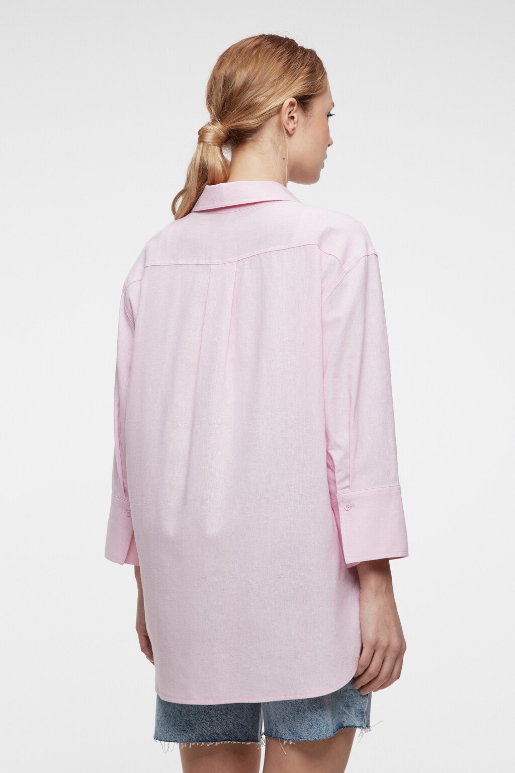 Блузка-рубашка oversize льняная с укороченными рукавами - цвет розовый - 3