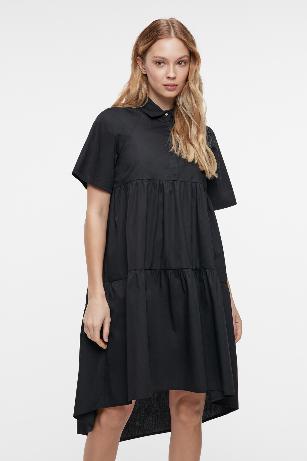 Платье-рубашка oversize хлопковое с ярусной юбкой - цвет черный - 2