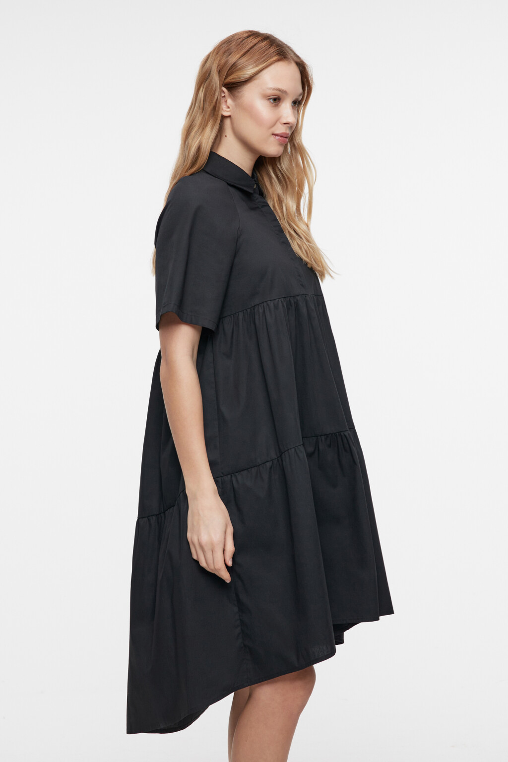 Платье-рубашка oversize хлопковое с ярусной юбкой - цвет черный - 3