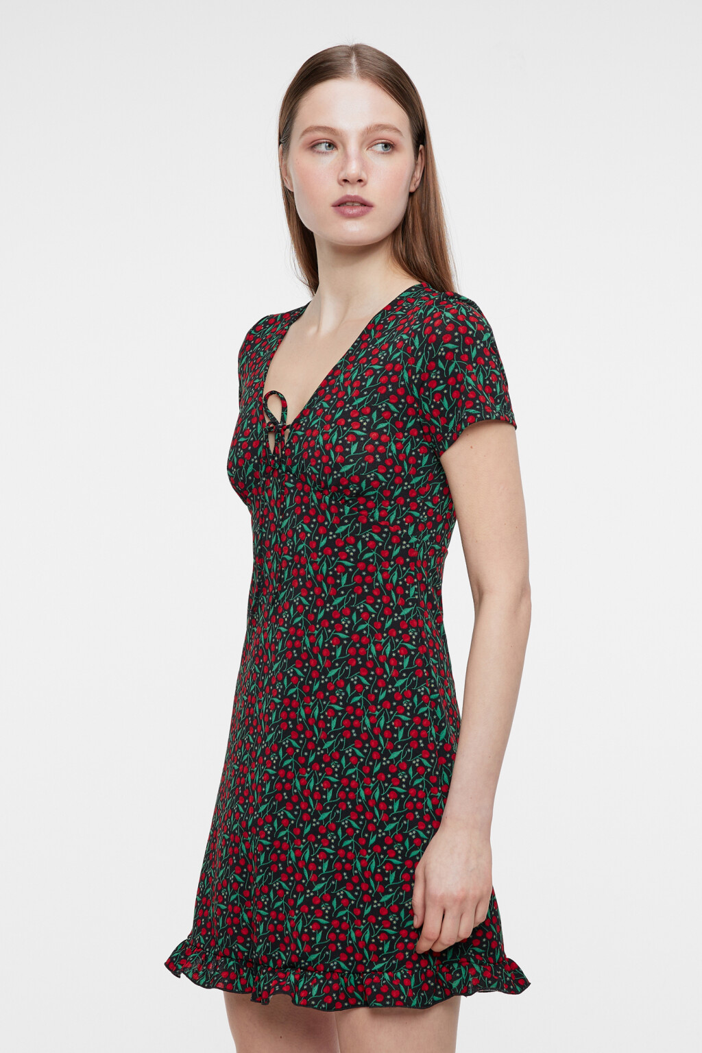 Платье мини приталенное с V-вырезом и завязками на груди - цвет красный - 1