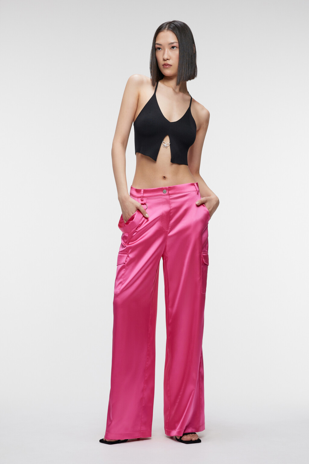 Брюки карго широкие из атласной ткани - цвет розовый - 5
