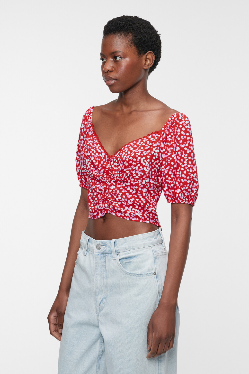 Блузка-топ вискозная с пышными рукавами и вырезом каре - цвет красный - 3