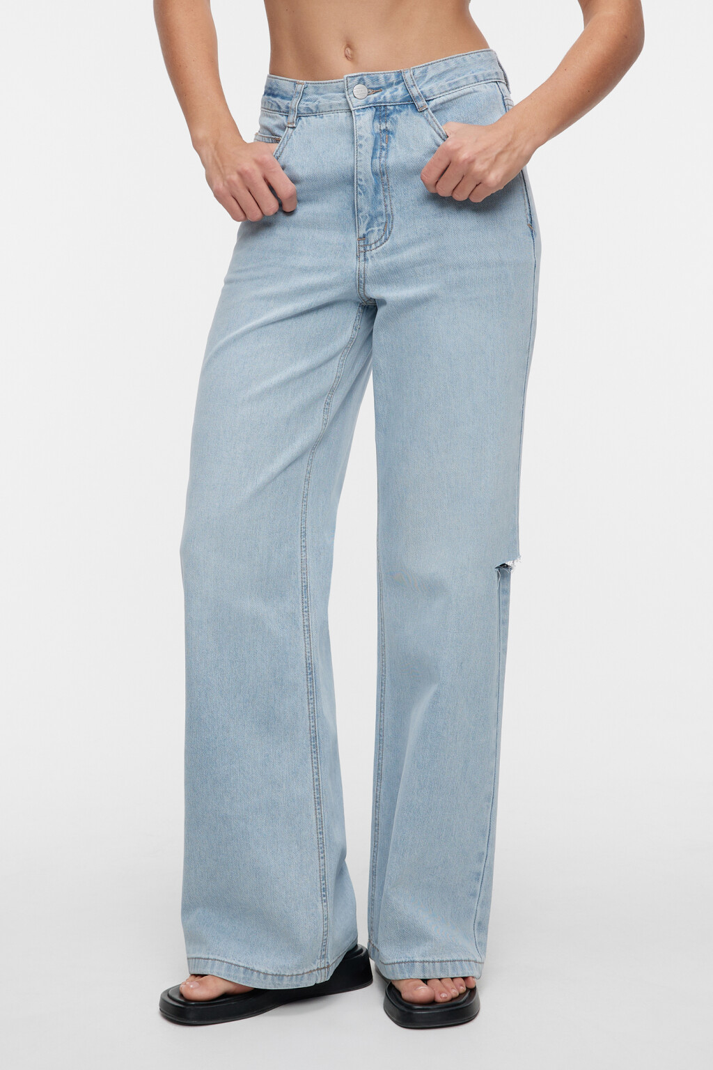 Джинсы-трубы wide leg широкие с разрезами на бедрах - цвет голубой - 2