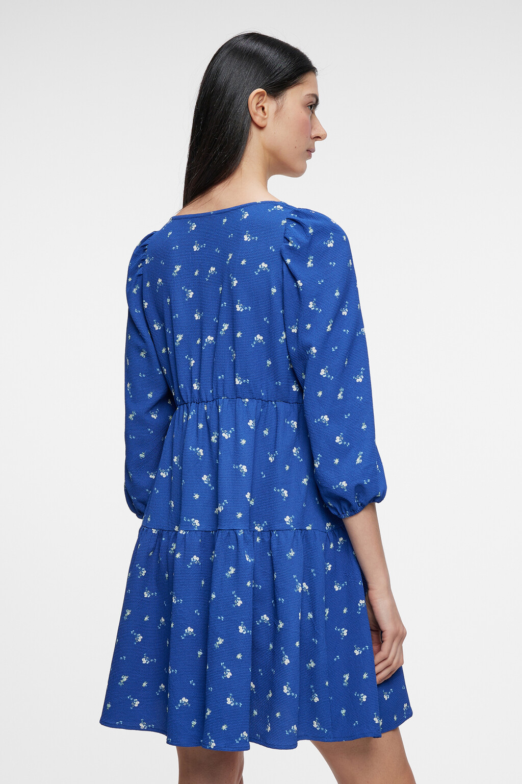 Платье мини приталенное с вырезом каре и ярусной юбкой - цвет синий - 3