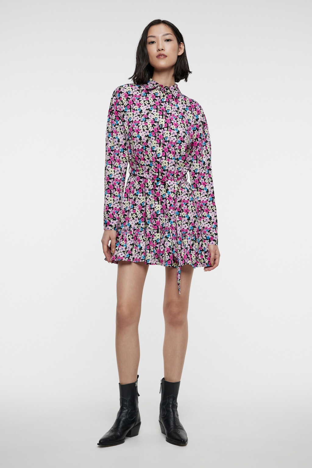 Платье-рубашка мини с поясом и воланами - цвет мультиколор - 1