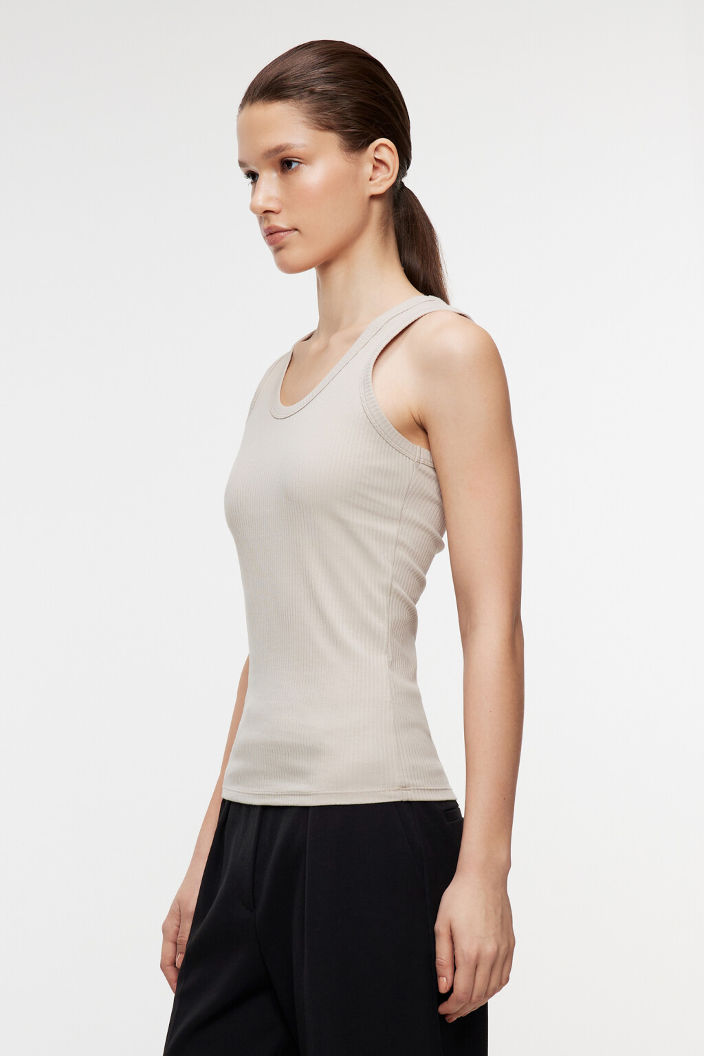 Майка хлопковая облегающая базовая в рубчик - цвет бежевый - 2