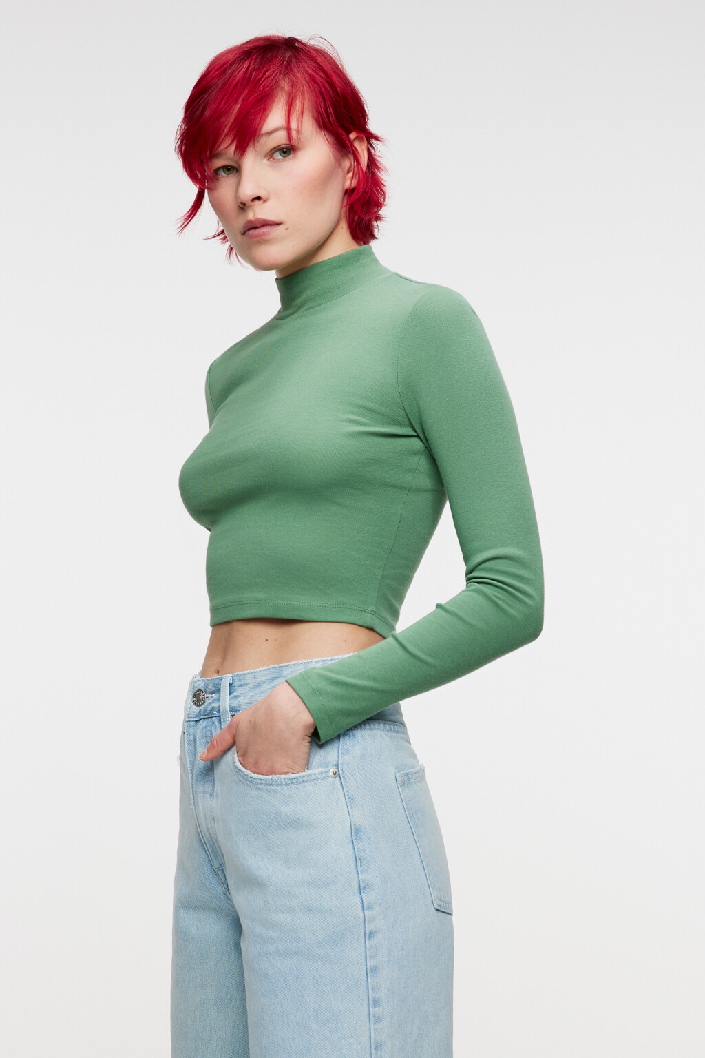 Лонгслив хлопковый облегающий с воротником-стойкой - цвет зеленый - 3