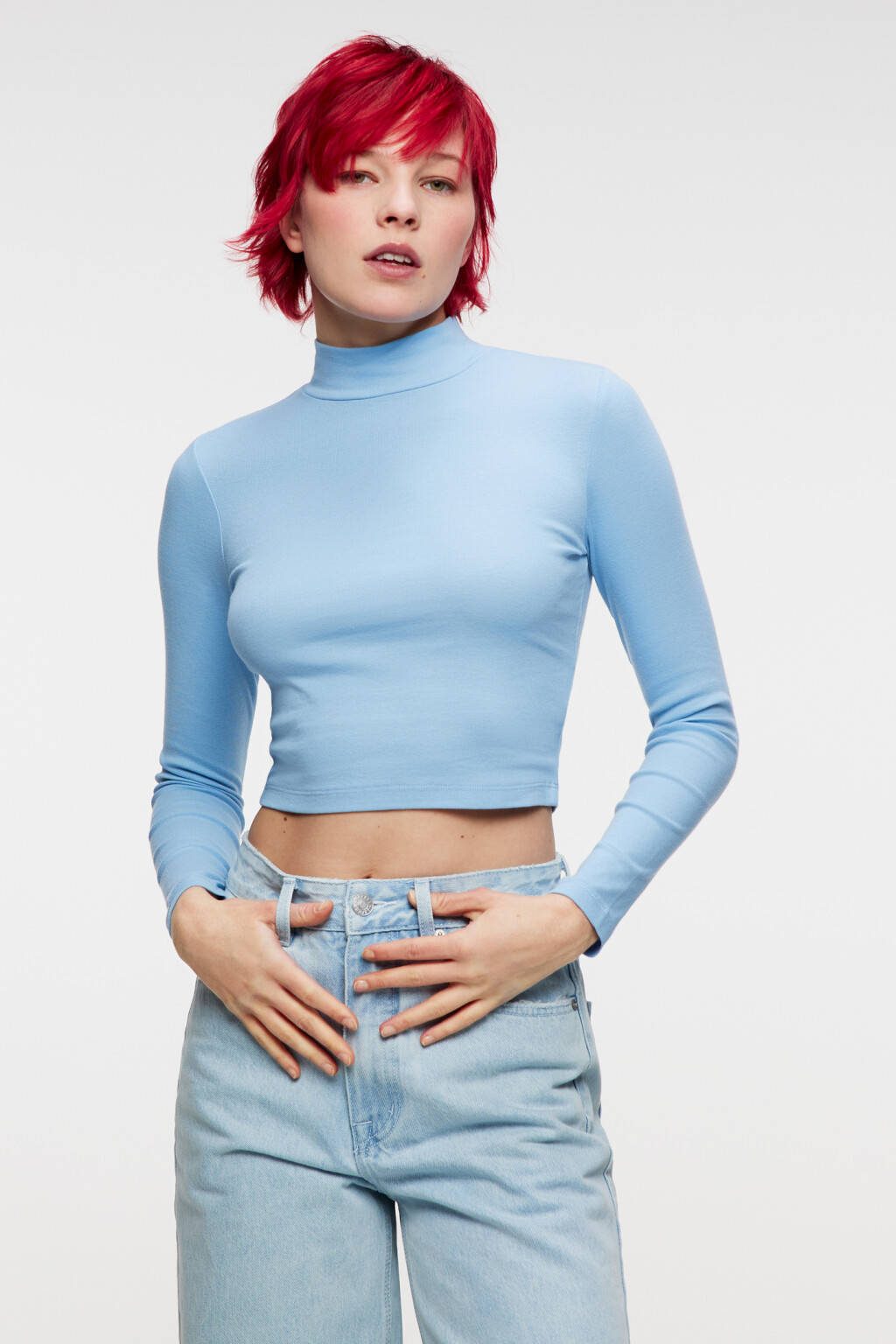 Лонгслив хлопковый облегающий с воротником-стойкой - цвет синий - 2