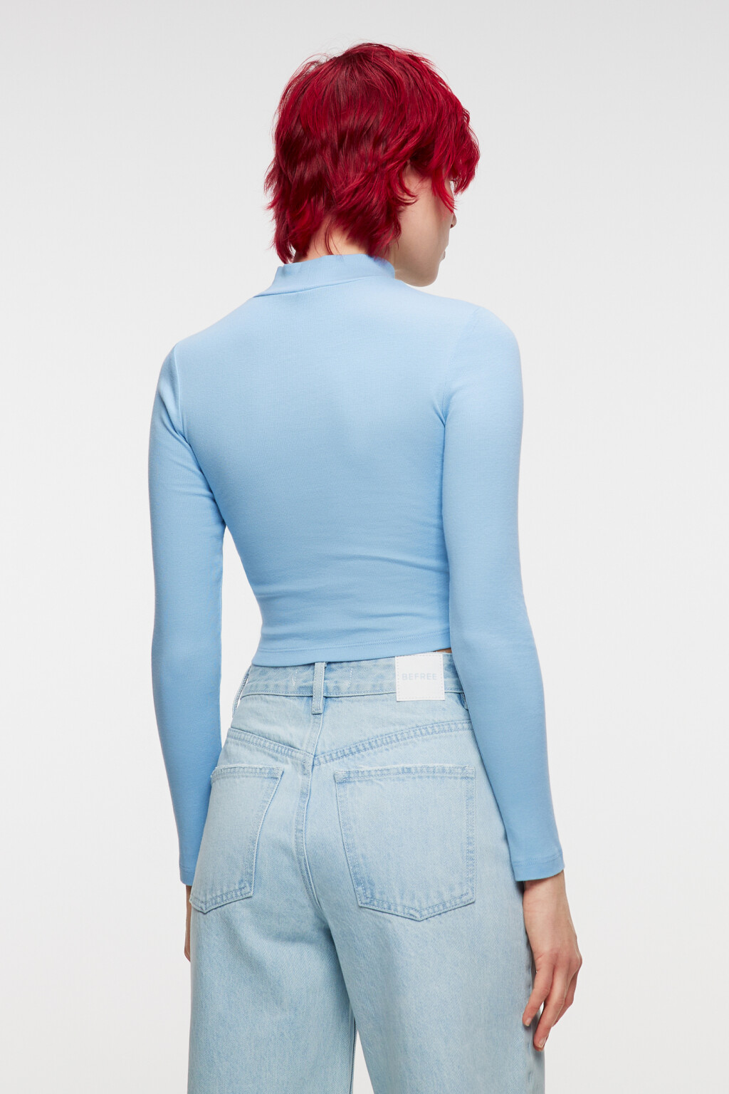 Лонгслив хлопковый облегающий с воротником-стойкой - цвет синий - 4