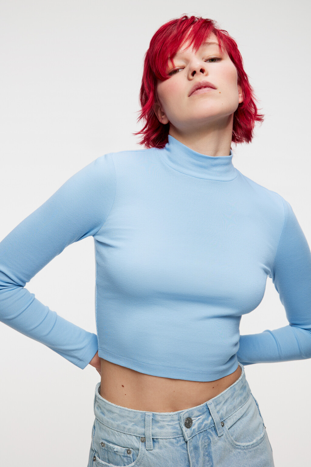 Лонгслив хлопковый облегающий с воротником-стойкой - цвет синий - 9