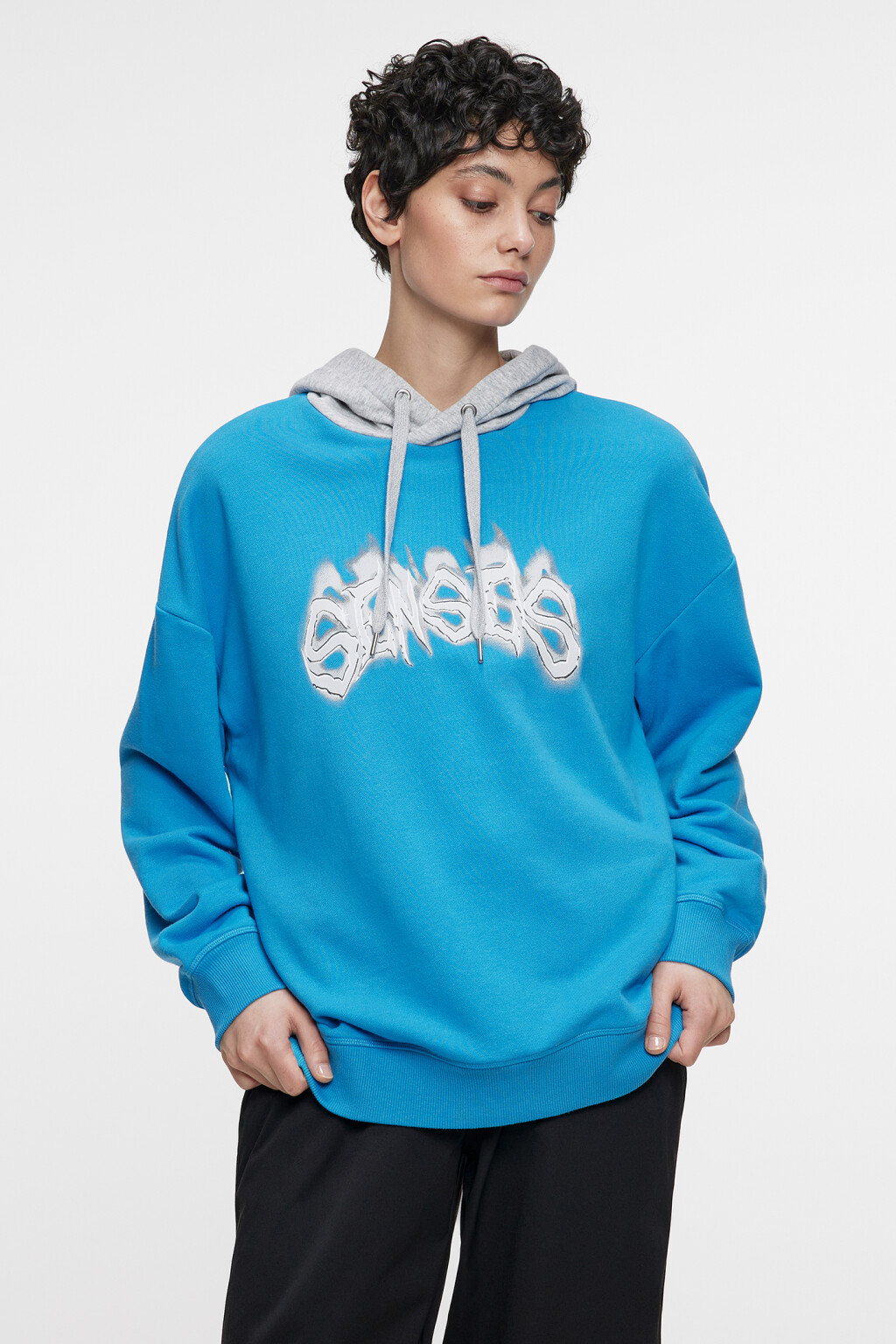 Толстовка oversize с капюшоном и принтом-надписью - цвет синий - 1
