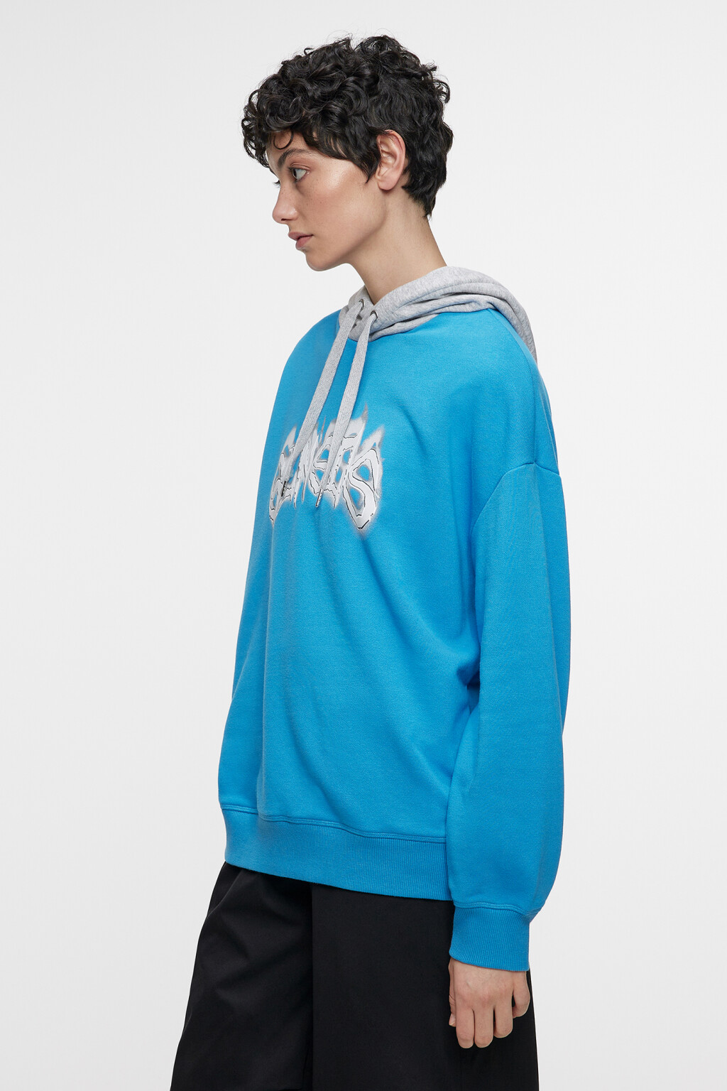 Толстовка oversize с капюшоном и принтом-надписью - цвет синий - 2