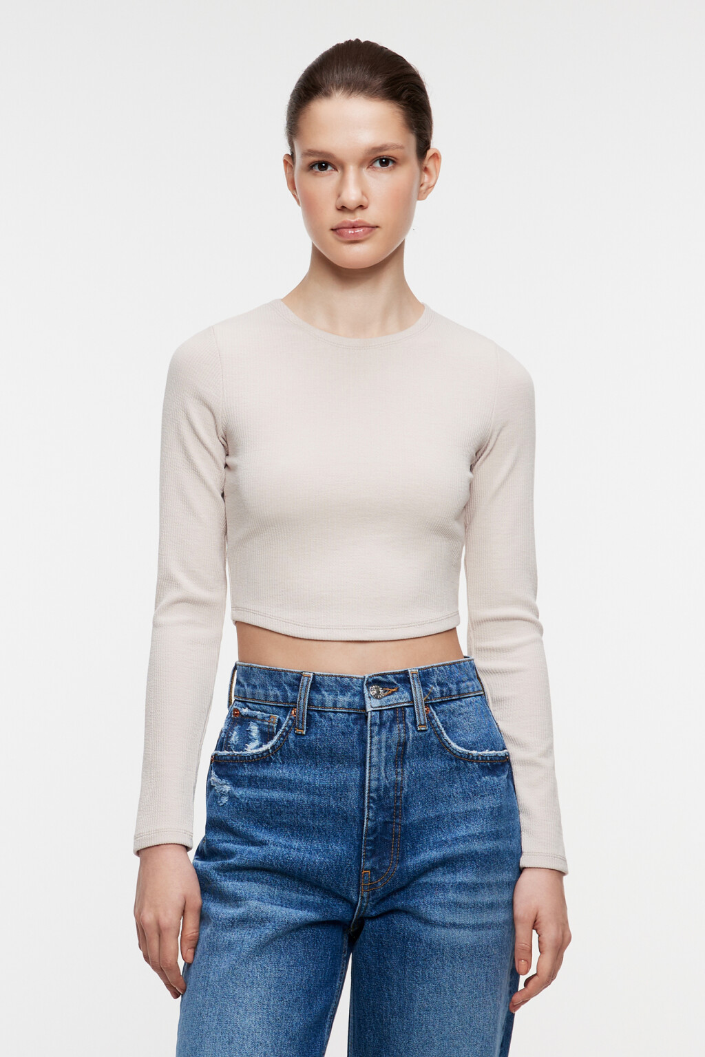 Лонгслив укороченный облегающий в рубчик - цвет бежевый - 2