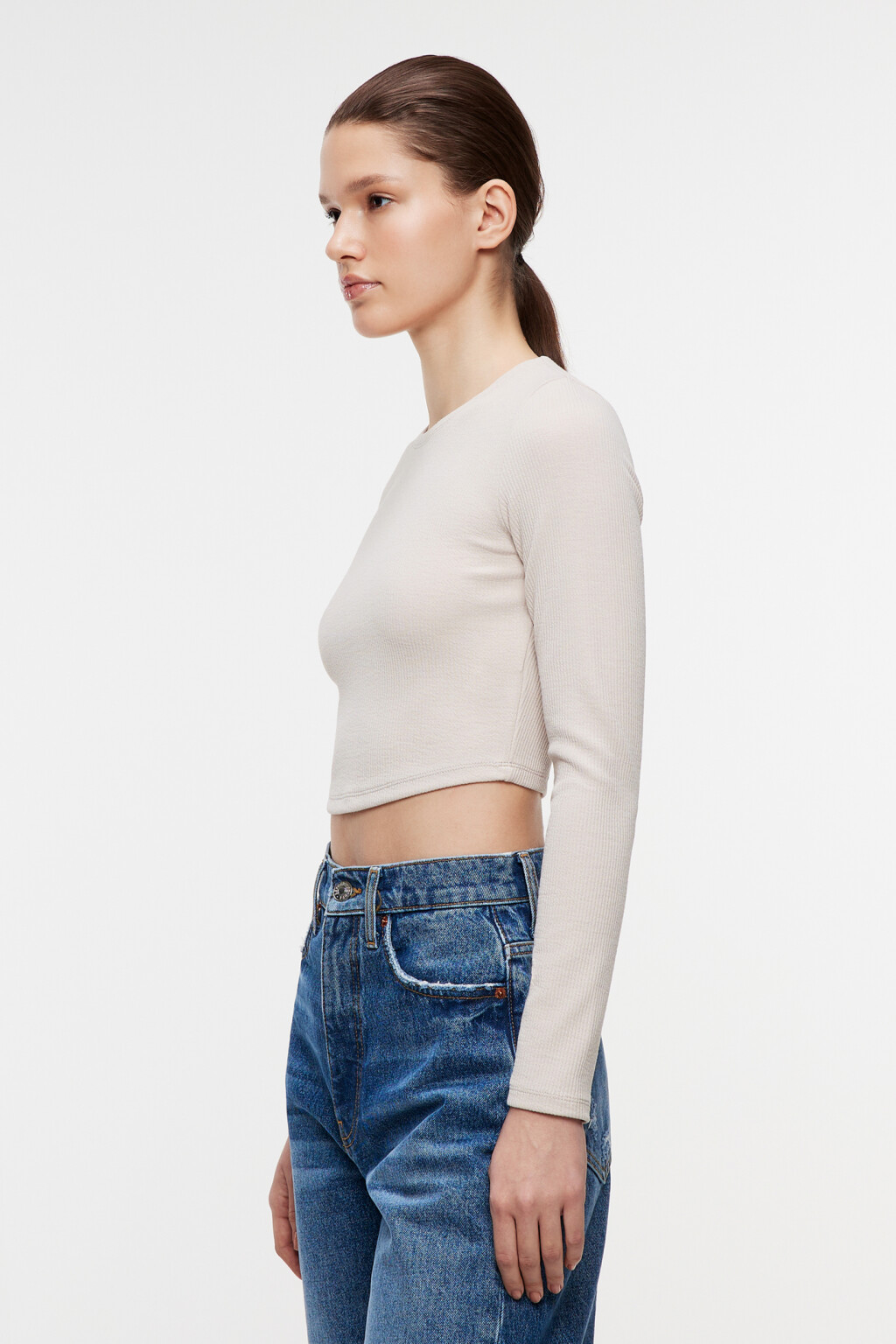 Лонгслив укороченный облегающий в рубчик - цвет бежевый - 3