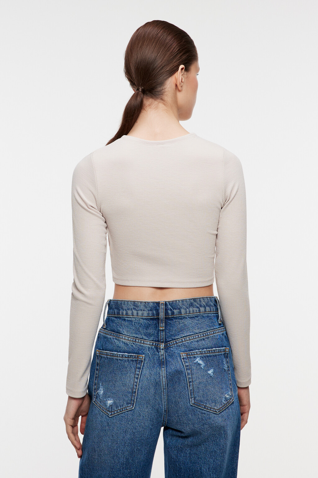 Лонгслив укороченный облегающий в рубчик - цвет бежевый - 4