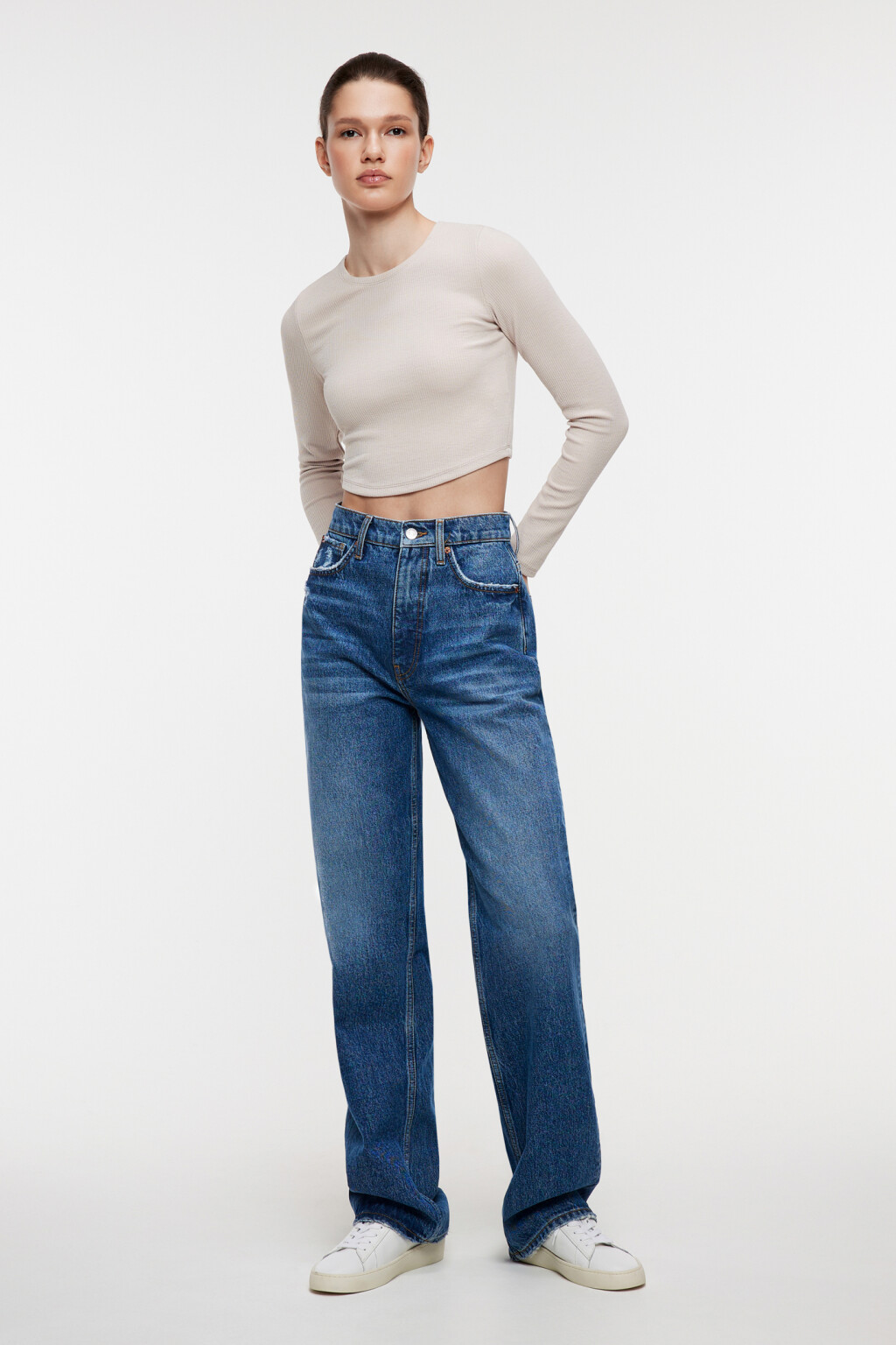 Лонгслив укороченный облегающий в рубчик - цвет бежевый - 1