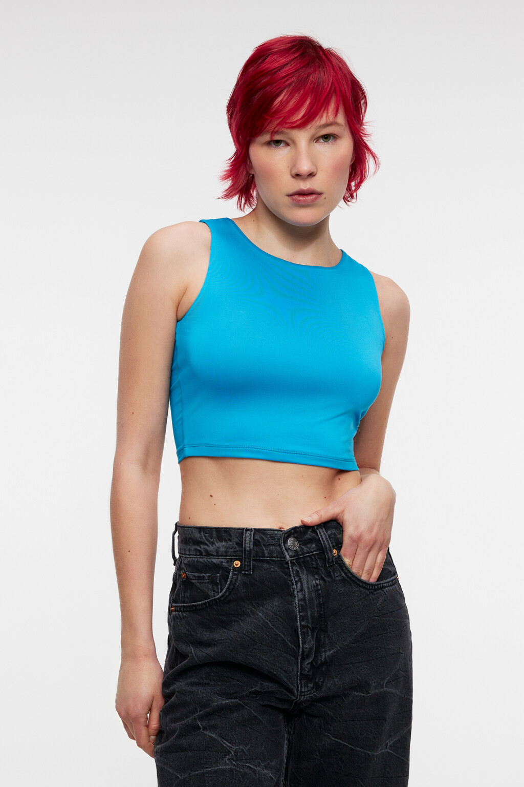 Топ-майка облегающий укороченный на широких бретелях - цвет синий - 1