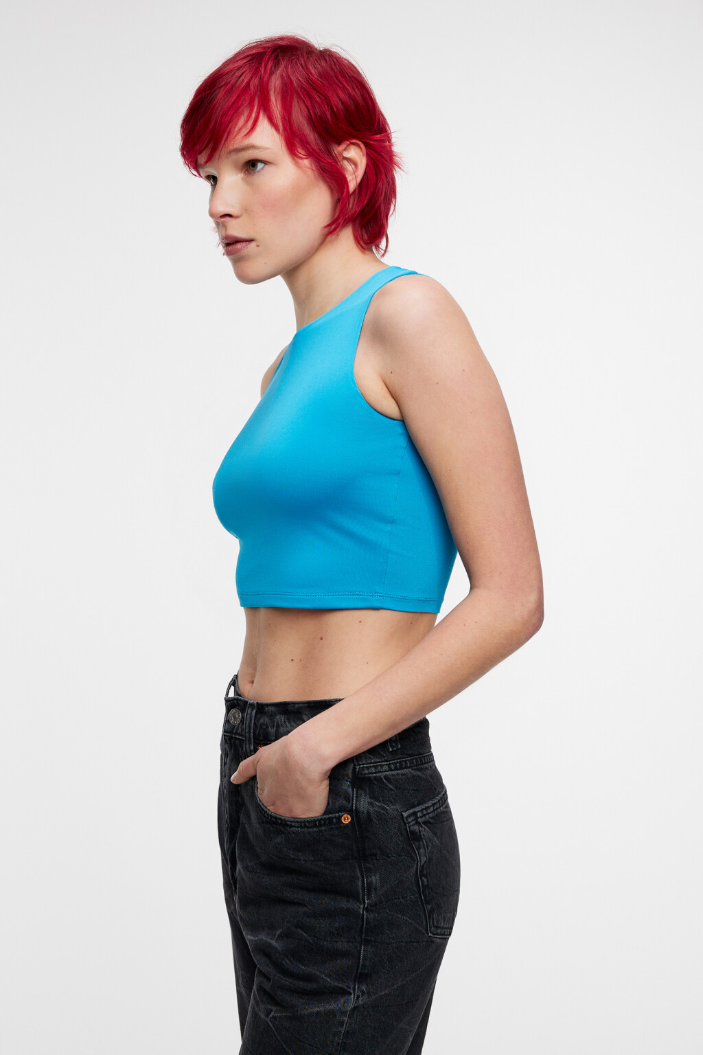 Топ-майка облегающий укороченный на широких бретелях - цвет синий - 2